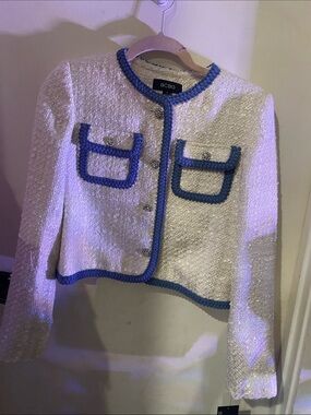 BCBG White Tweed Cropped Jacket with Blue Trim